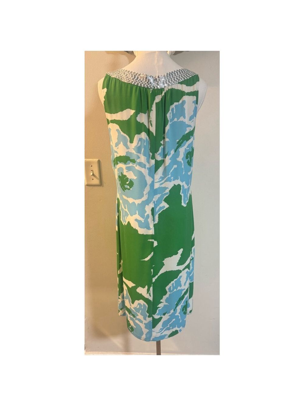 Tory Burch Silk Shift Dress – Size 12 – Sequin Neckline – Green Blue Floral Prin - Picture 5 of 7